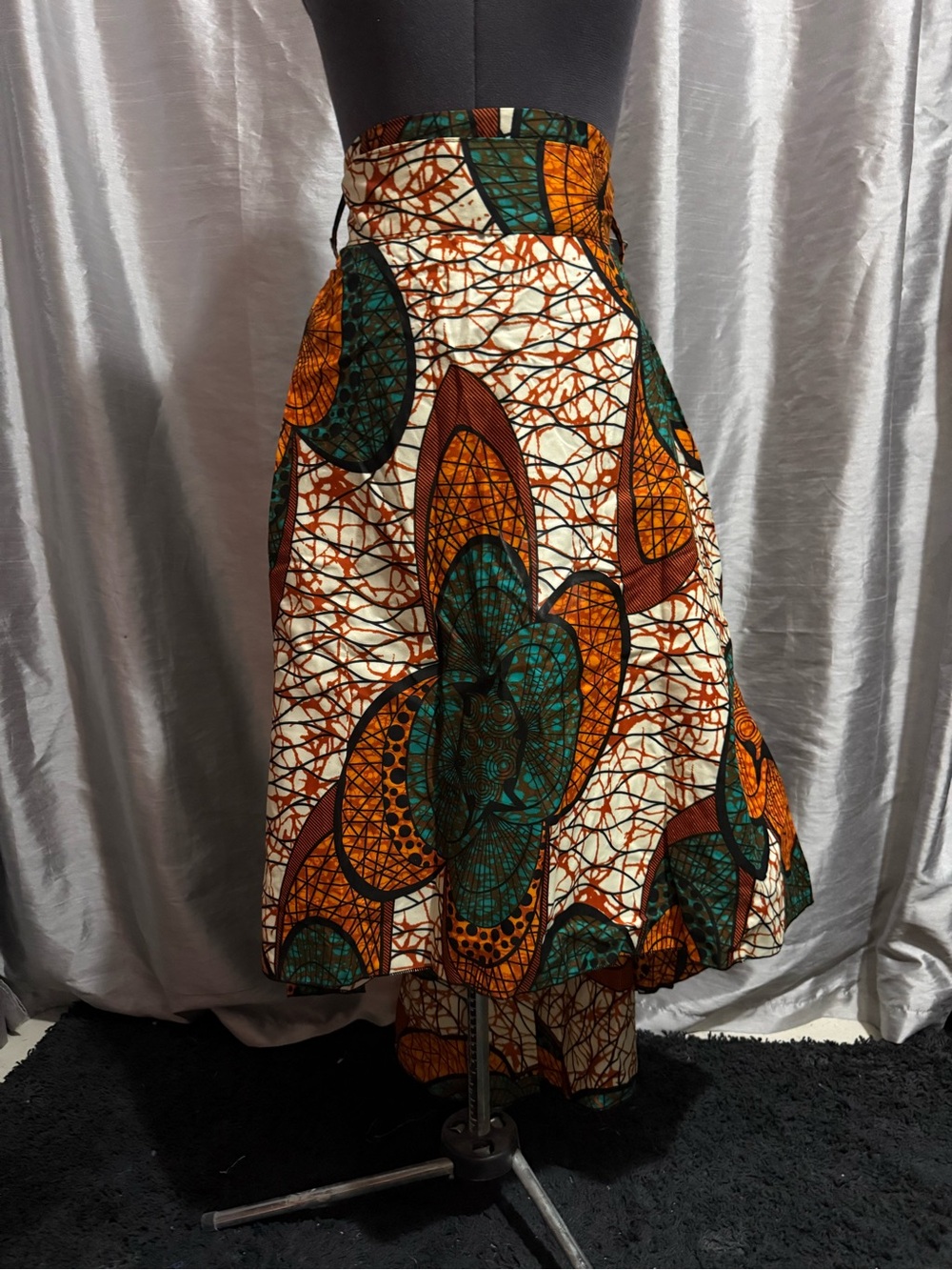 High-Waist Ankara Print Circle Skirt in Green & Orange